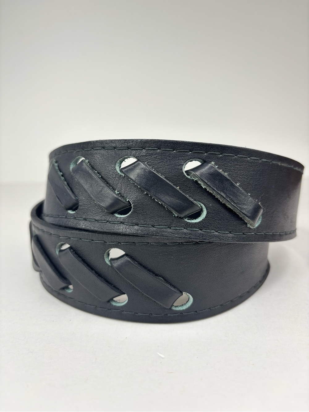 Vintage Black‎ Leather 80’s / 90’s  Biker Moto Punk Woven Detail Belt Unisex M/L - Picture 8 of 14
